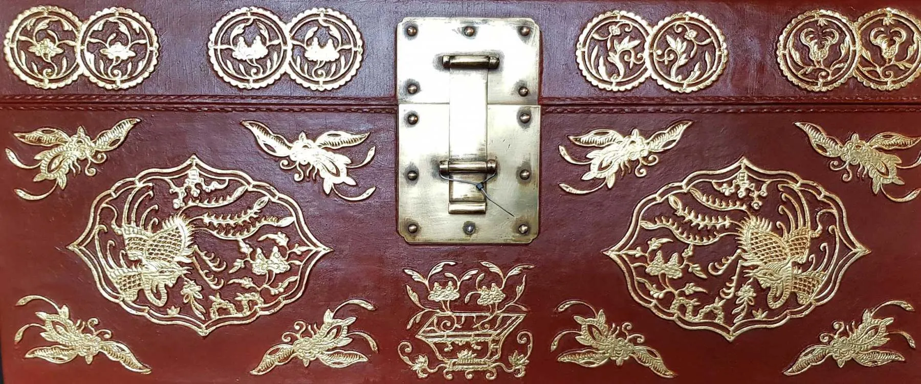 Chinese leather trunk restored by Leathermend Halifax