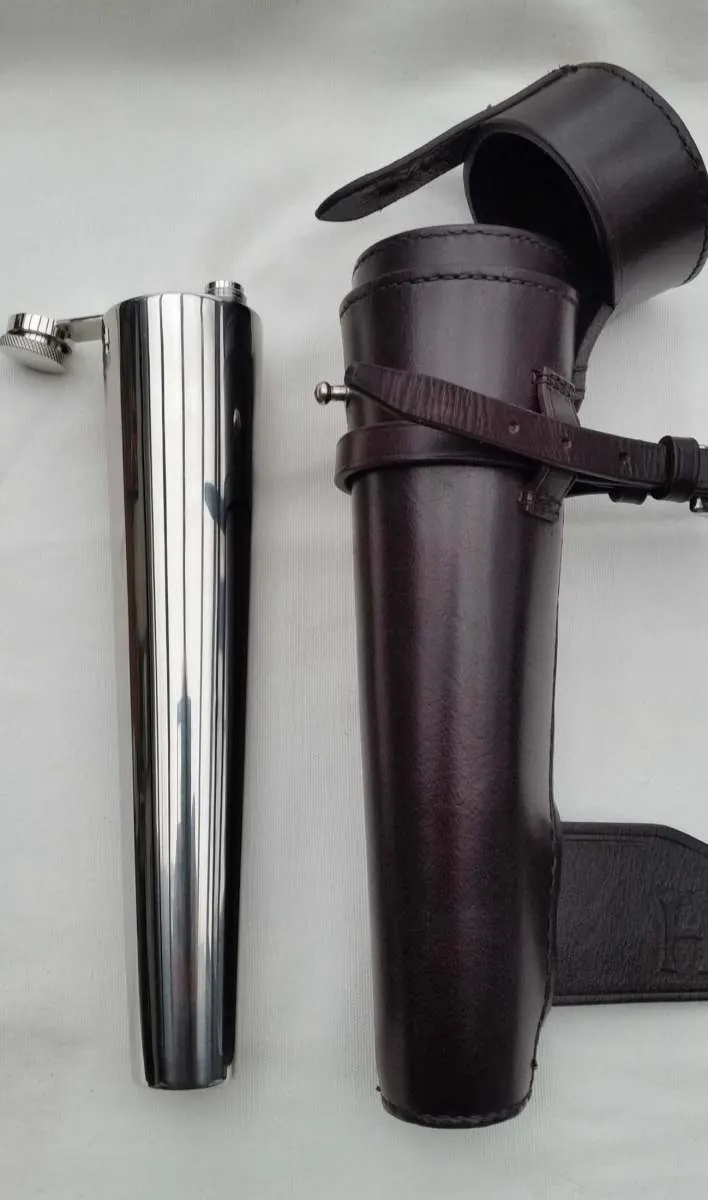 Bespoke leather flask cover made by Leathermend craftsmen